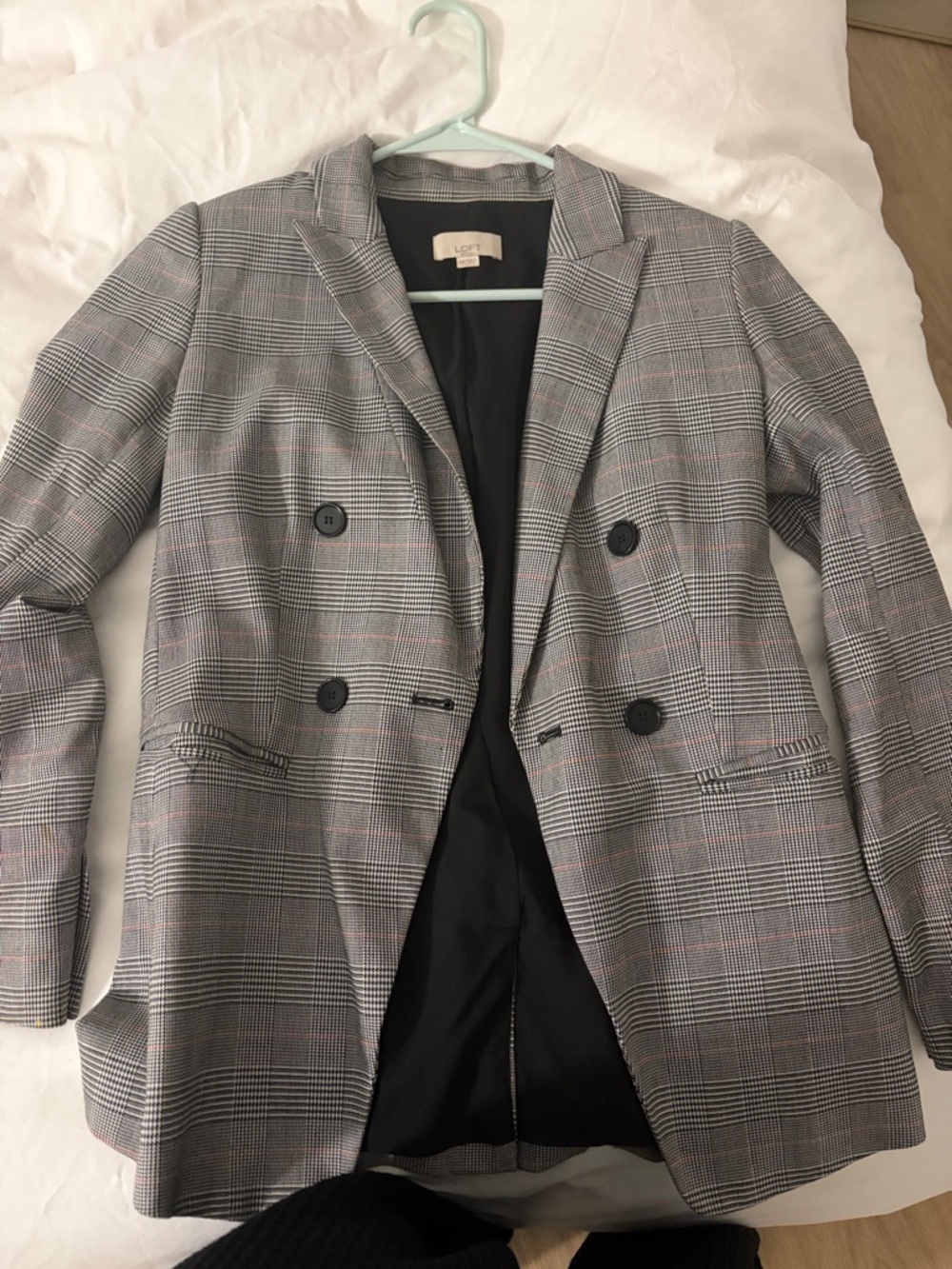 LOFT Gray Glen Plaid Double-Breasted Blazer with Pink Overcheck